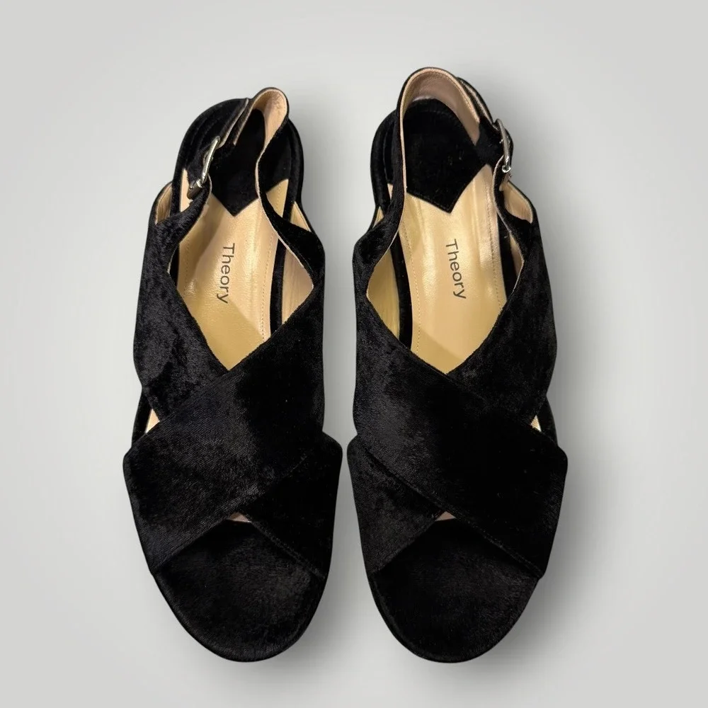 Theory Black Velvet Platform Wedge Slingback Sandals Made in‎ Italy Size 40.5